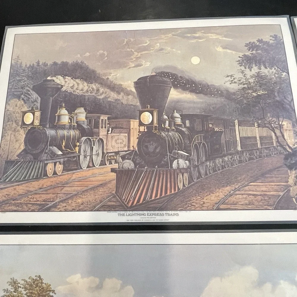 CURRIER & IVES Vintage Laminated Prints Of 1864 Lithograph  Trains Placemats Set